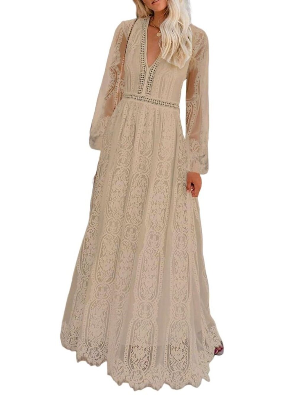 Women's V Neck Floral Lace Maxi Wedding Dress Long Sleeve Flowy Formal Party